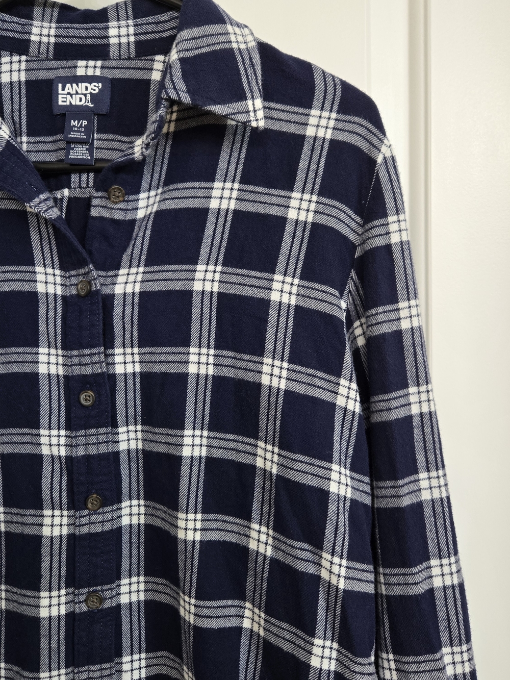 Lands' End Womens Navy & White Plaid Flannel 100% Cotton